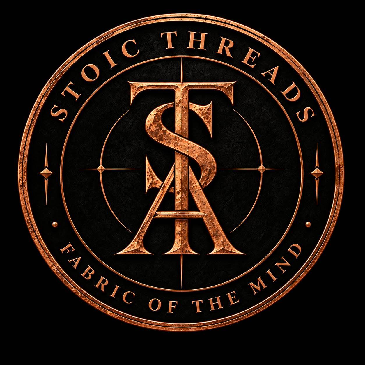 Stoic Threads copper emblem with the Fabric of the Mind tagline